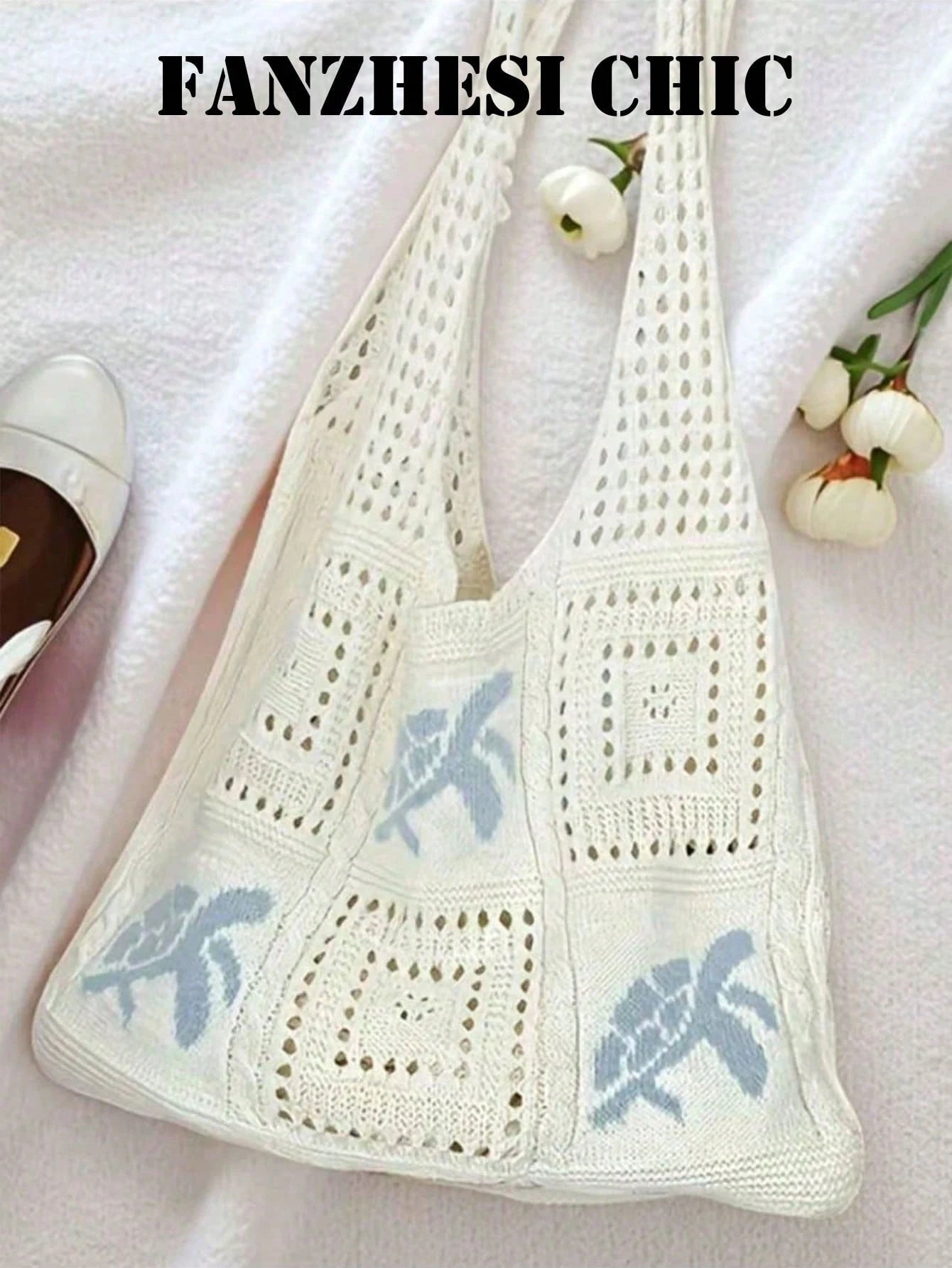 Cream White Hollow Crochet Patchwork Shoulder Bag, Decorated With Light Blue Floral Embroidery. This Large Capacity Knitted Shoulder Bag Is An Ideal Choice For Summer Vacations, A Must-Have Item For S