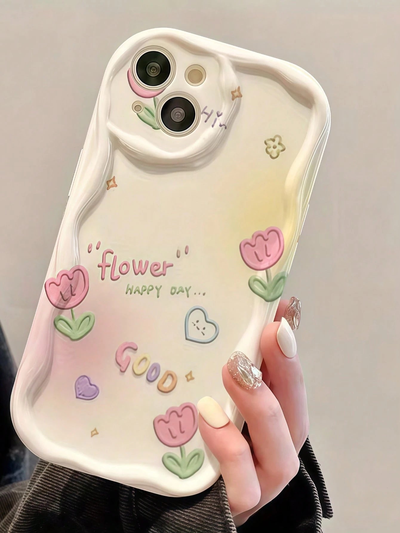 Creative Gradient Tulip Flower Pattern Cream TPU Soft Silicone Full Coverage Asymmetrical Wavy Edge Screen Edge Protection Phone Case Compatible With IPhone 7/8/X/11/12/13/14/15/16/17 Series A14/A15/A