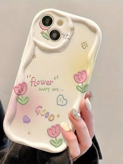 Creative Gradient Tulip Flower Pattern Cream TPU Soft Silicone Full Coverage Asymmetrical Wavy Edge Screen Edge Protection Phone Case Compatible With IPhone 7/8/X/11/12/13/14/15/16/17 Series A14/A15/A