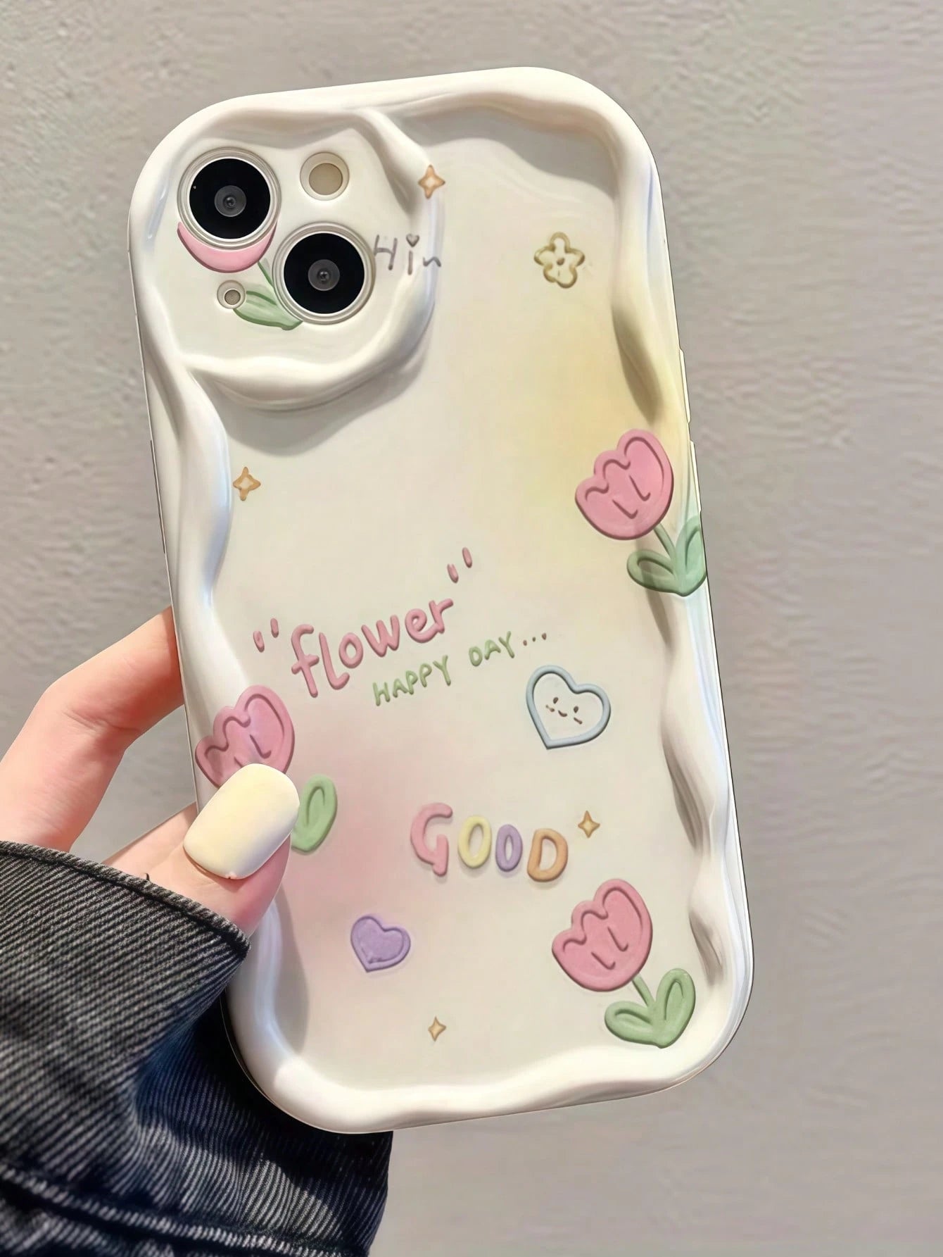 Creative Gradient Tulip Flower Pattern Cream TPU Soft Silicone Full Coverage Asymmetrical Wavy Edge Screen Edge Protection Phone Case Compatible With IPhone 7/8/X/11/12/13/14/15/16/17 Series A14/A15/A