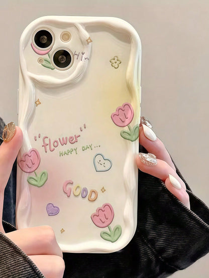 Creative Gradient Tulip Flower Pattern Cream TPU Soft Silicone Full Coverage Asymmetrical Wavy Edge Screen Edge Protection Phone Case Compatible With IPhone 7/8/X/11/12/13/14/15/16/17 Series A14/A15/A