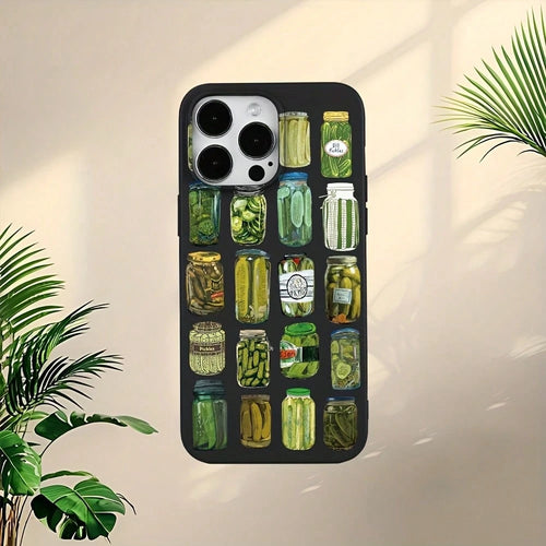 Creative Pickled Cucumber Canned Food Pattern Design, Liquid Black Color, TPU Shockproof Protective Phone Case Compatible With IPhone Models, Suitable As Birthday And Christmas Gift For Couples, Girlf