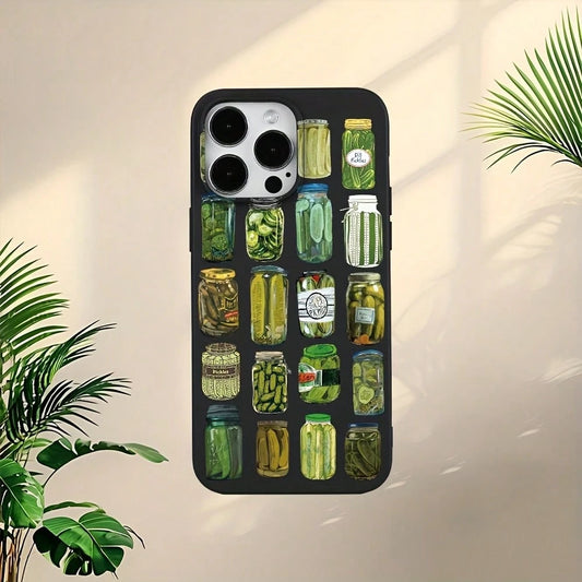 Creative Pickled Cucumber Canned Food Pattern Design, Liquid Black Color, TPU Shockproof Protective Phone Case Compatible With IPhone Models, Suitable As Birthday And Christmas Gift For Couples, Girlf