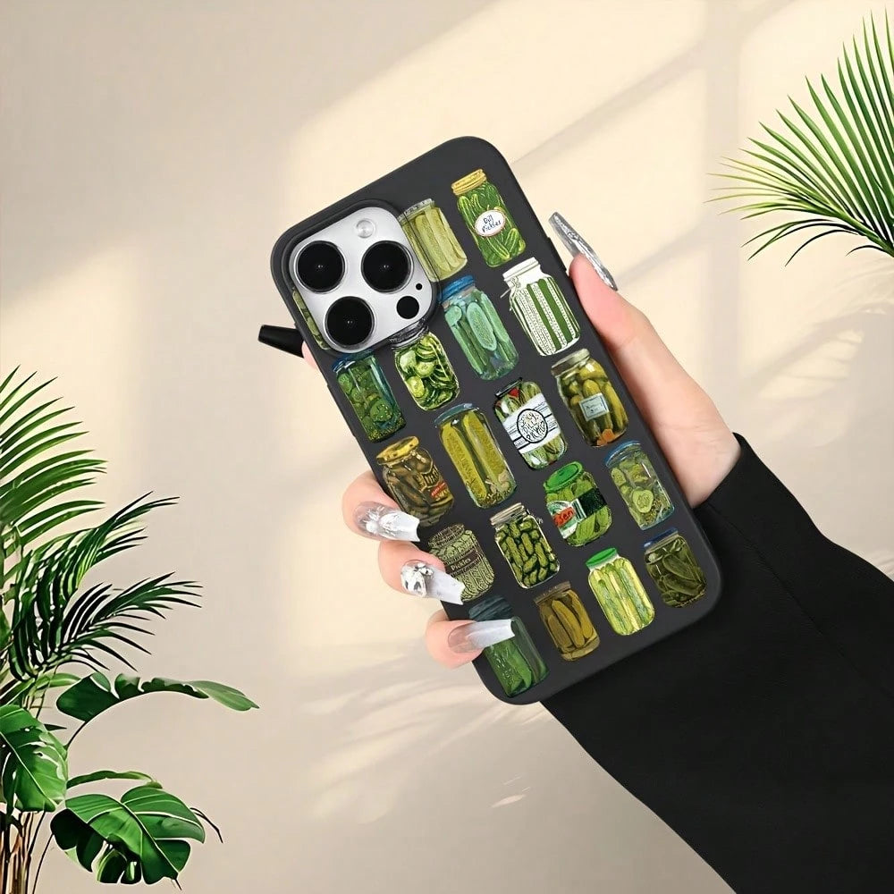 Creative Pickled Cucumber Canned Food Pattern Design, Liquid Black Color, TPU Shockproof Protective Phone Case Compatible With IPhone Models, Suitable As Birthday And Christmas Gift For Couples, Girlf