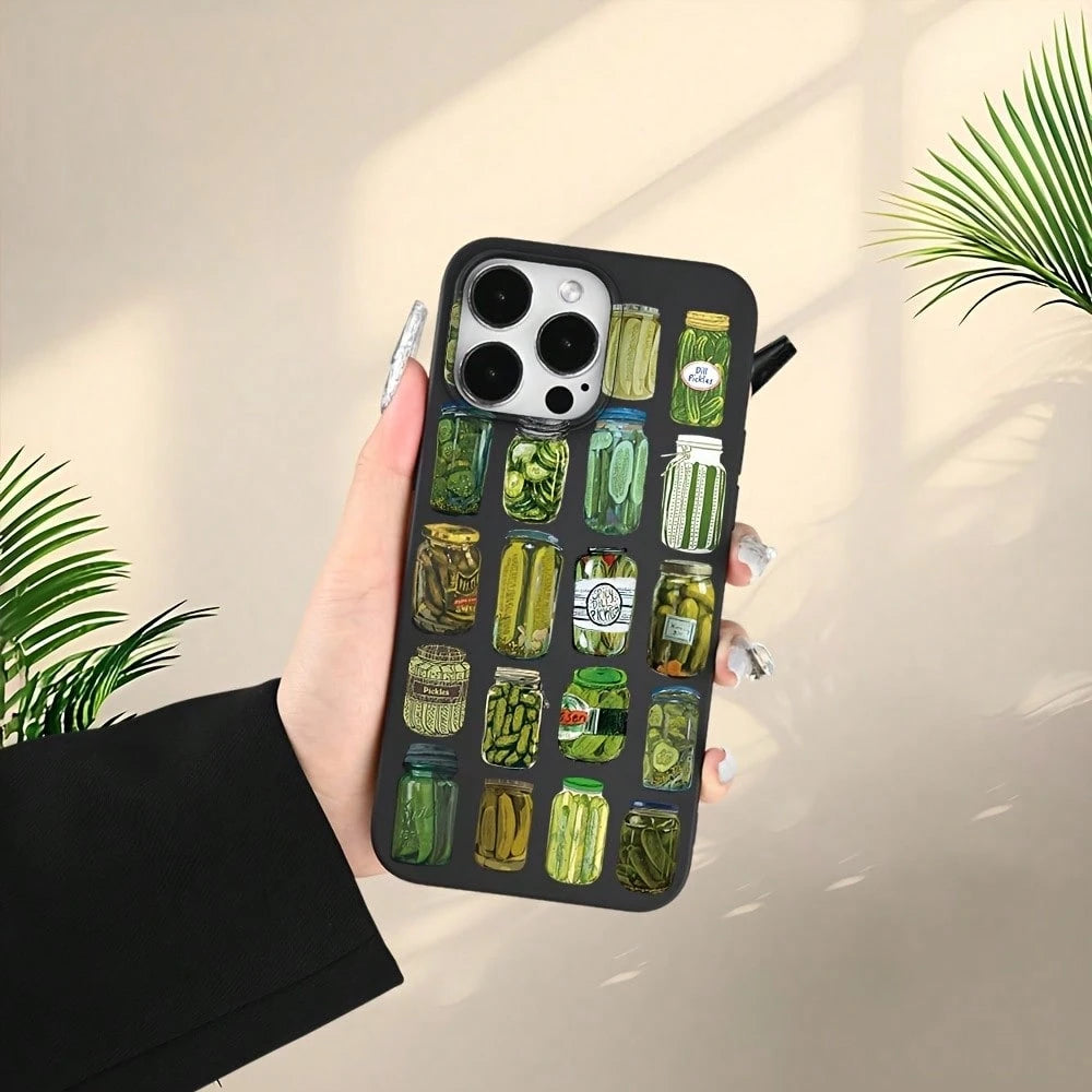 Creative Pickled Cucumber Canned Food Pattern Design, Liquid Black Color, TPU Shockproof Protective Phone Case Compatible With IPhone Models, Suitable As Birthday And Christmas Gift For Couples, Girlf