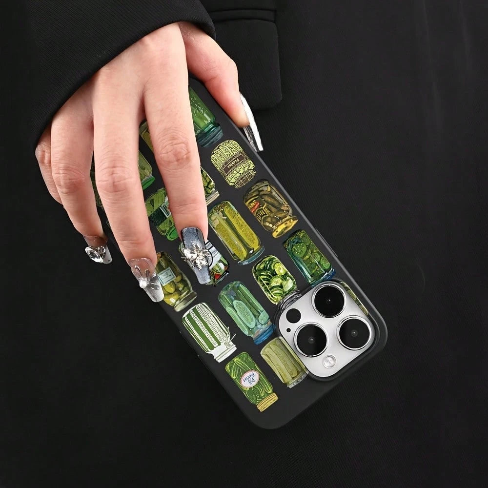 Creative Pickled Cucumber Canned Food Pattern Design, Liquid Black Color, TPU Shockproof Protective Phone Case Compatible With IPhone Models, Suitable As Birthday And Christmas Gift For Couples, Girlf