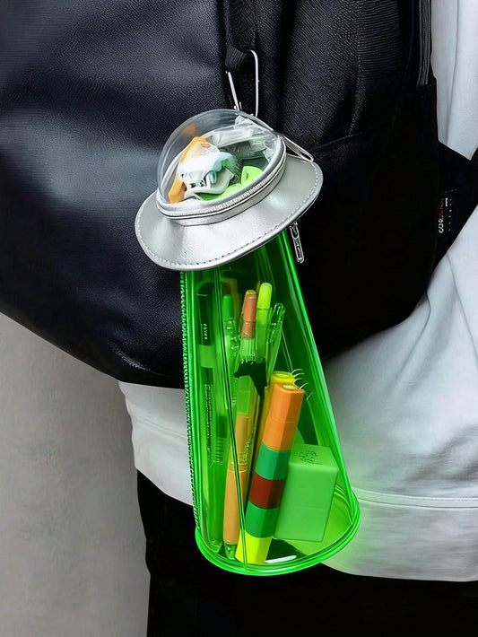 Creative UFO Shaped Storage Pen Case With Transparent Green Alien Decor, Multi-Use Desktop Stationery Box & Backpack Accessory, Hooks Not Included