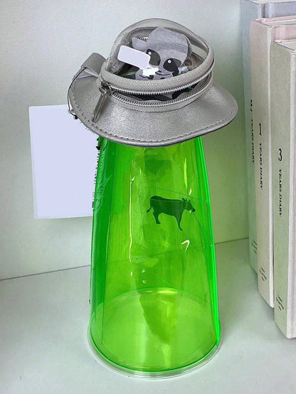 Creative UFO Shaped Storage Pen Case With Transparent Green Alien Decor, Multi-Use Desktop Stationery Box & Backpack Accessory, Hooks Not Included