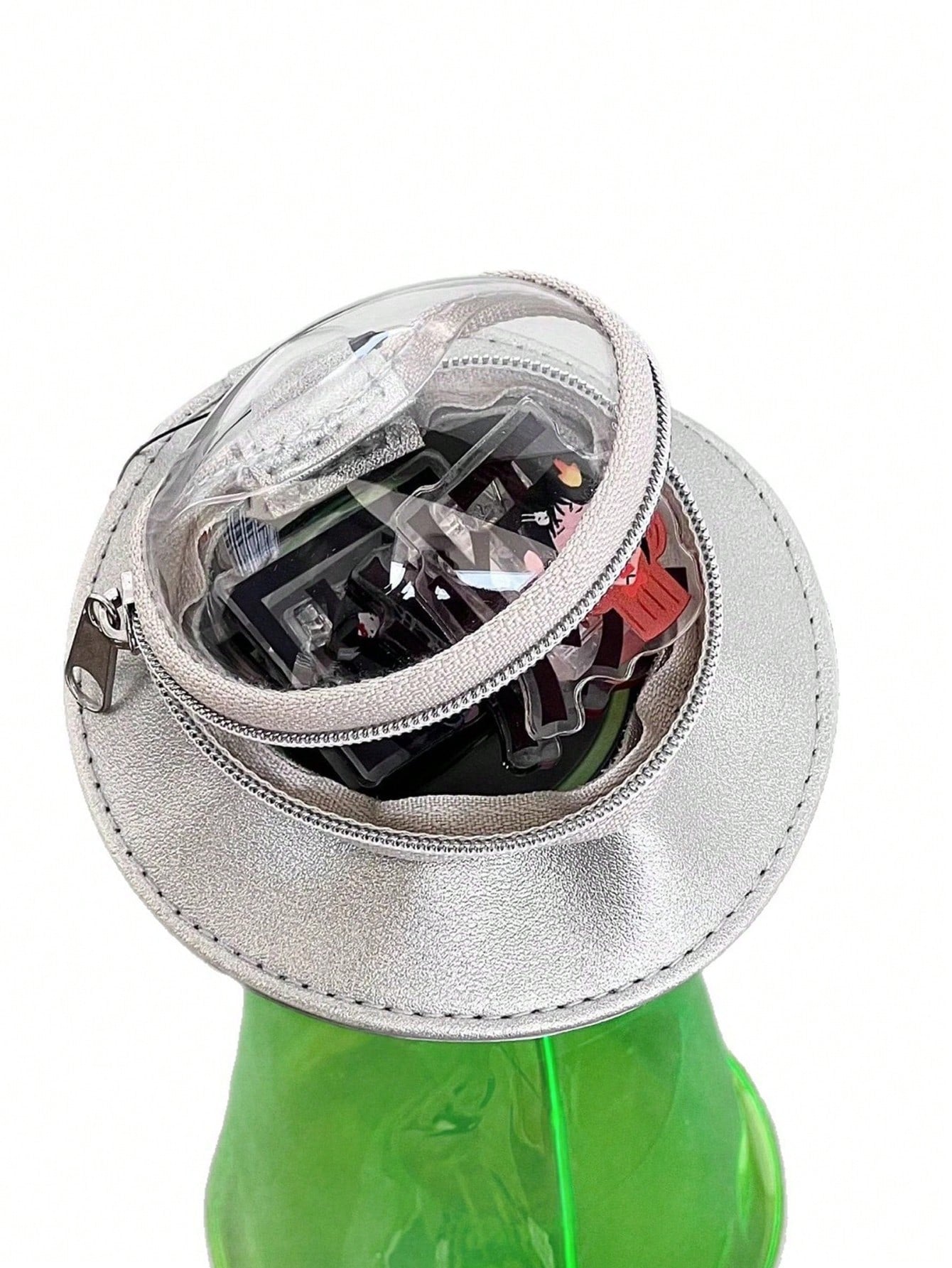 Creative UFO Shaped Storage Pen Case With Transparent Green Alien Decor, Multi-Use Desktop Stationery Box & Backpack Accessory, Hooks Not Included