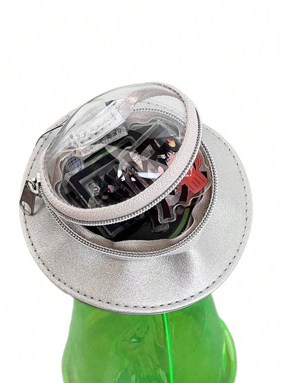 Creative UFO Shaped Storage Pen Case With Transparent Green Alien Decor, Multi-Use Desktop Stationery Box & Backpack Accessory, Hooks Not Included