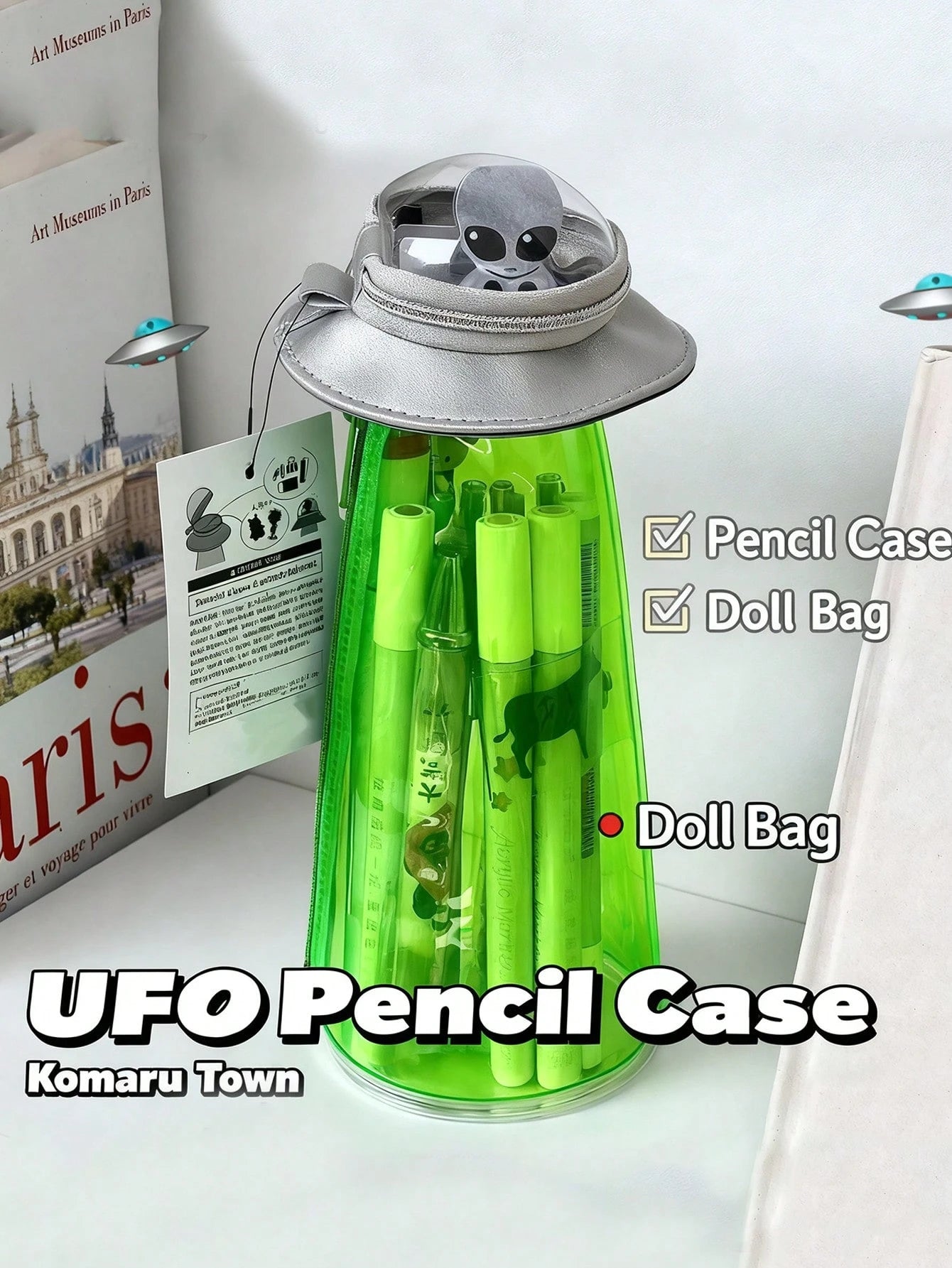 Creative UFO Shaped Storage Pen Case With Transparent Green Alien Decor, Multi-Use Desktop Stationery Box & Backpack Accessory, Hooks Not Included