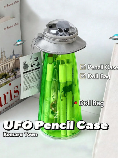Creative UFO Shaped Storage Pen Case With Transparent Green Alien Decor, Multi-Use Desktop Stationery Box & Backpack Accessory, Hooks Not Included