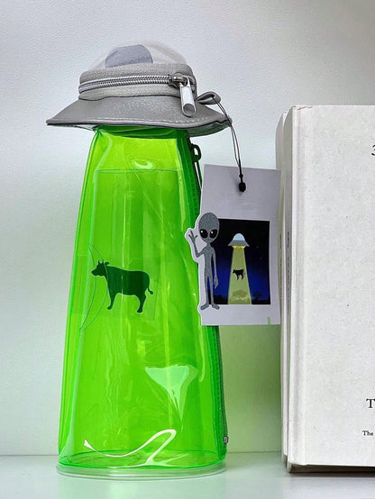 Creative UFO Shaped Storage Pen Case With Transparent Green Alien Decor, Multi-Use Desktop Stationery Box & Backpack Accessory, Hooks Not Included