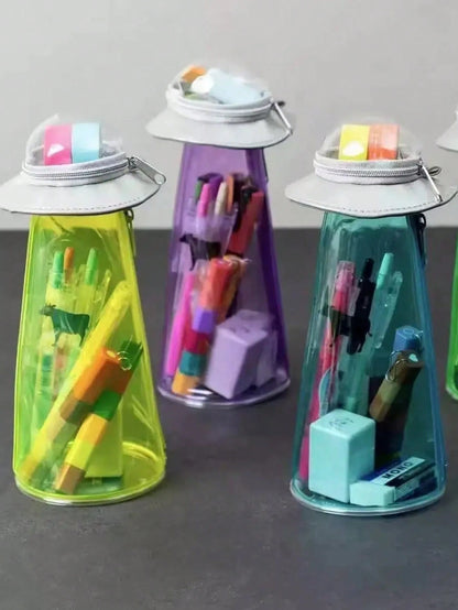 Creative UFO Shaped Storage Pen Case With Transparent Green Alien Decor, Multi-Use Desktop Stationery Box & Backpack Accessory, Hooks Not Included