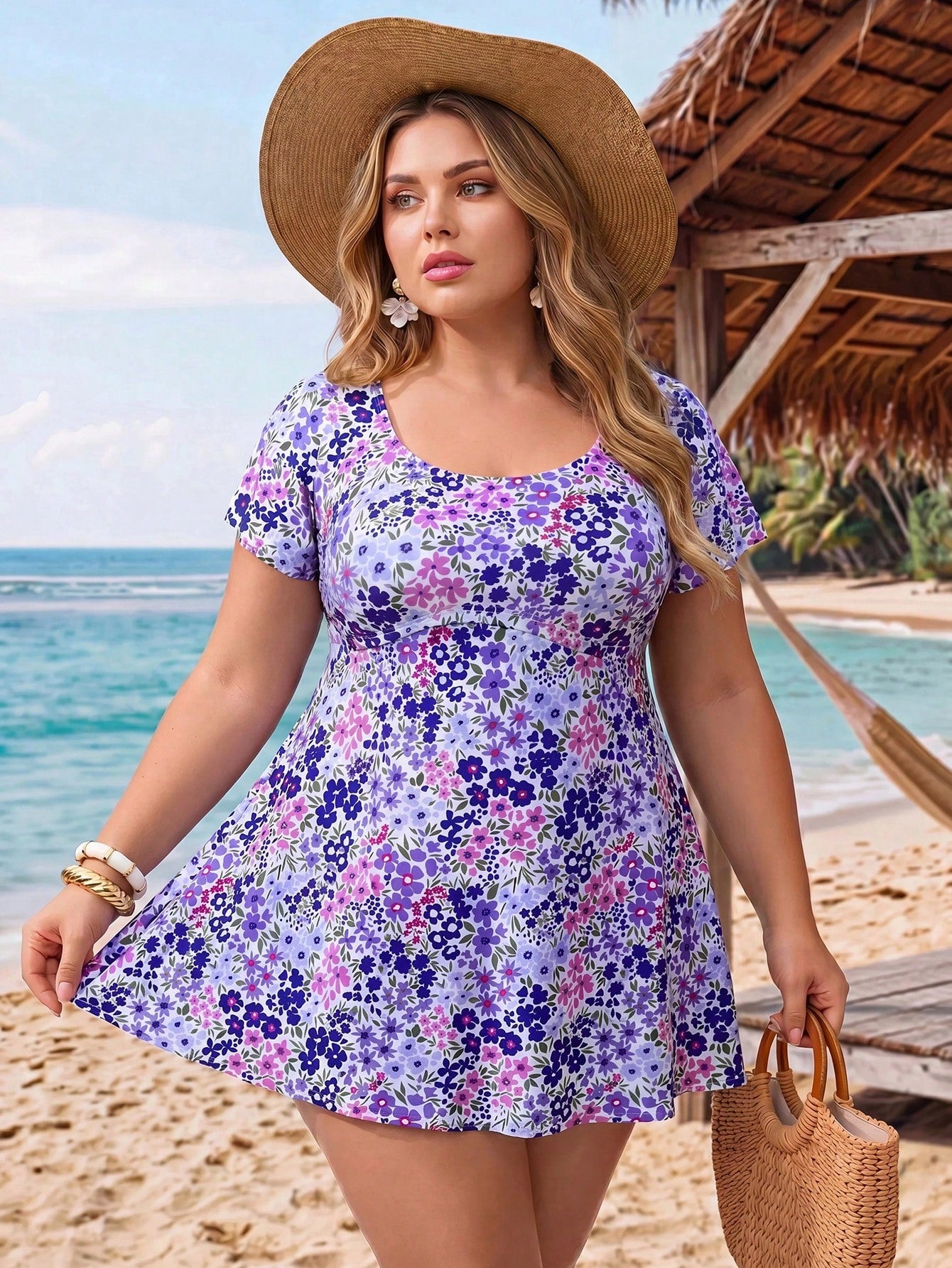 CURVE+ 2026 New Plus Size Women Short Sleeve Ditsy Floral Swim Dress Tankini Set For Summer Beach Vacation