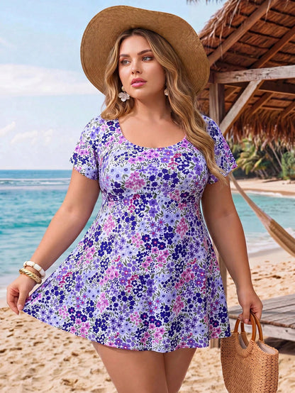 CURVE+ 2026 New Plus Size Women Short Sleeve Ditsy Floral Swim Dress Tankini Set For Summer Beach Vacation