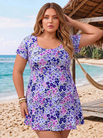 CURVE+ 2026 New Plus Size Women Short Sleeve Ditsy Floral Swim Dress Tankini Set For Summer Beach Vacation
