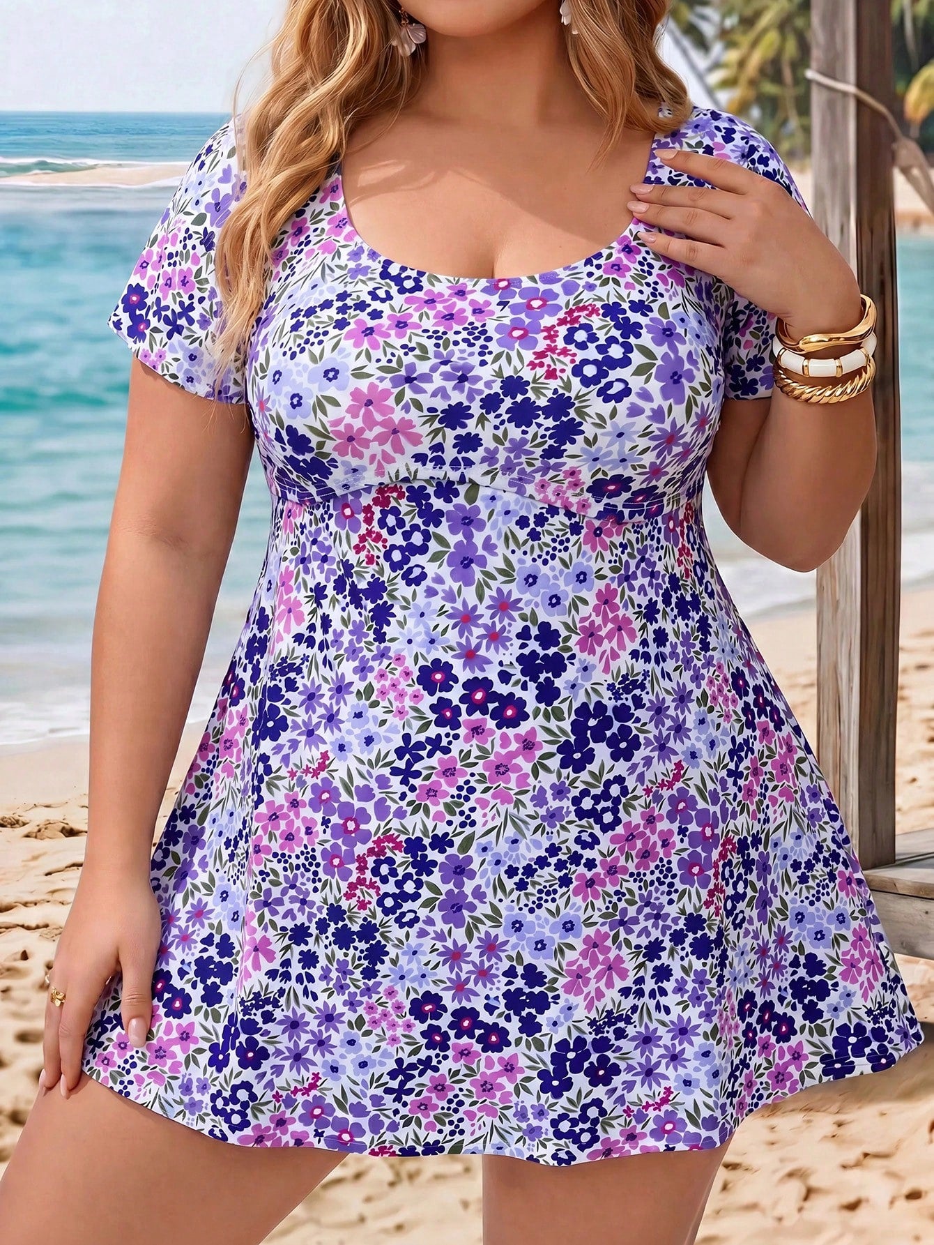 CURVE+ 2026 New Plus Size Women Short Sleeve Ditsy Floral Swim Dress Tankini Set For Summer Beach Vacation