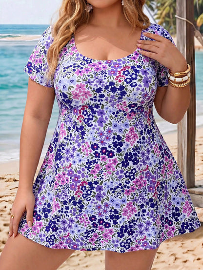 CURVE+ 2026 New Plus Size Women Short Sleeve Ditsy Floral Swim Dress Tankini Set For Summer Beach Vacation