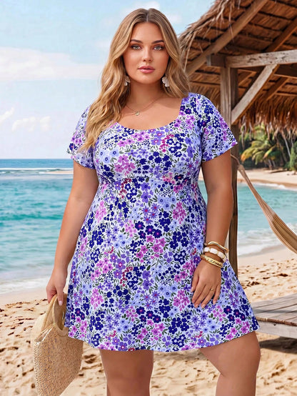 CURVE+ 2026 New Plus Size Women Short Sleeve Ditsy Floral Swim Dress Tankini Set For Summer Beach Vacation