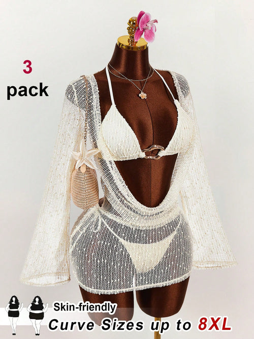 CURVE+ 3pcs Plus Size Women's Sexy Deep V-Neck Bikini Set- Top, Bottom And Cover-Up