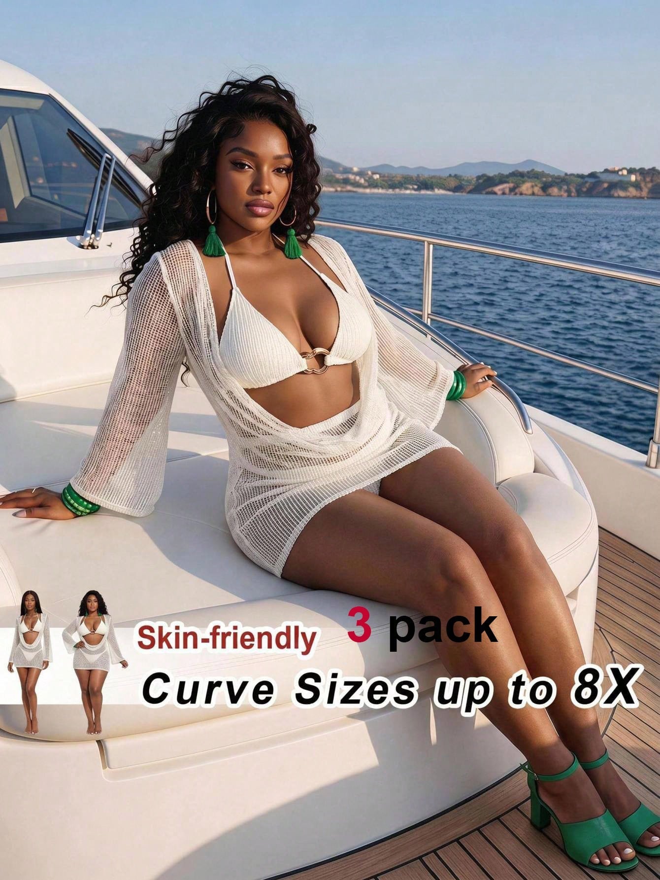 CURVE+ 3pcs Plus Size Women's Sexy Deep V-Neck Bikini Set- Top, Bottom And Cover-Up
