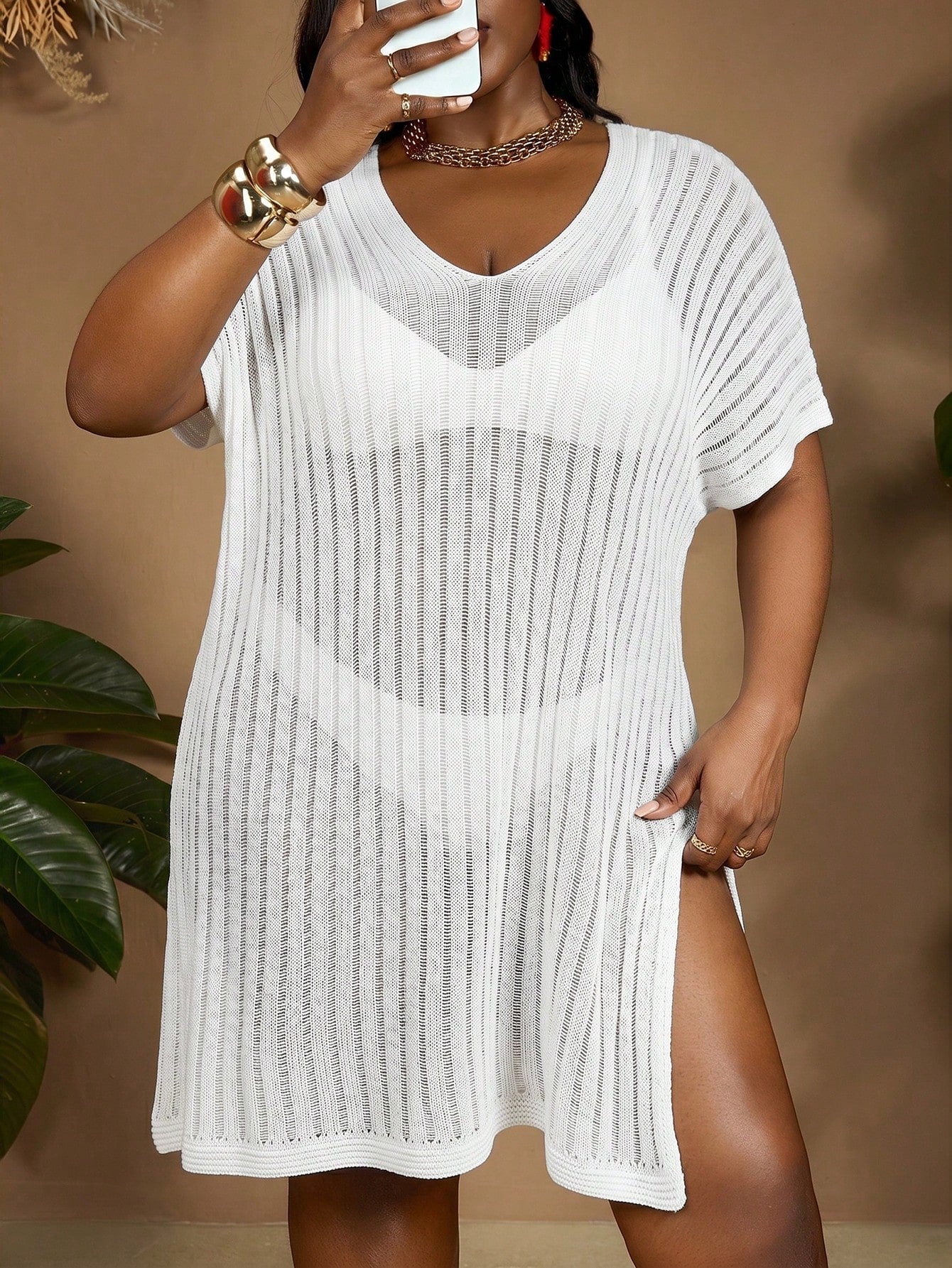 CURVE+ All White Summer Beach Plus Size Cover Up Dress For Woman, Batwing Sleeve Split Thigh Holiday Vacation Outfits, Curve Plus Party Graduation Sexy