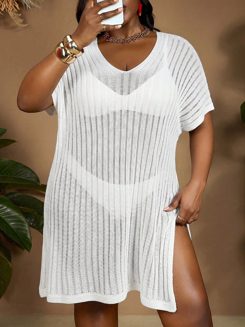 CURVE+ All White Summer Beach Plus Size Cover Up Dress For Woman, Batwing Sleeve Split Thigh Holiday Vacation Outfits, Curve Plus Party Graduation Sexy