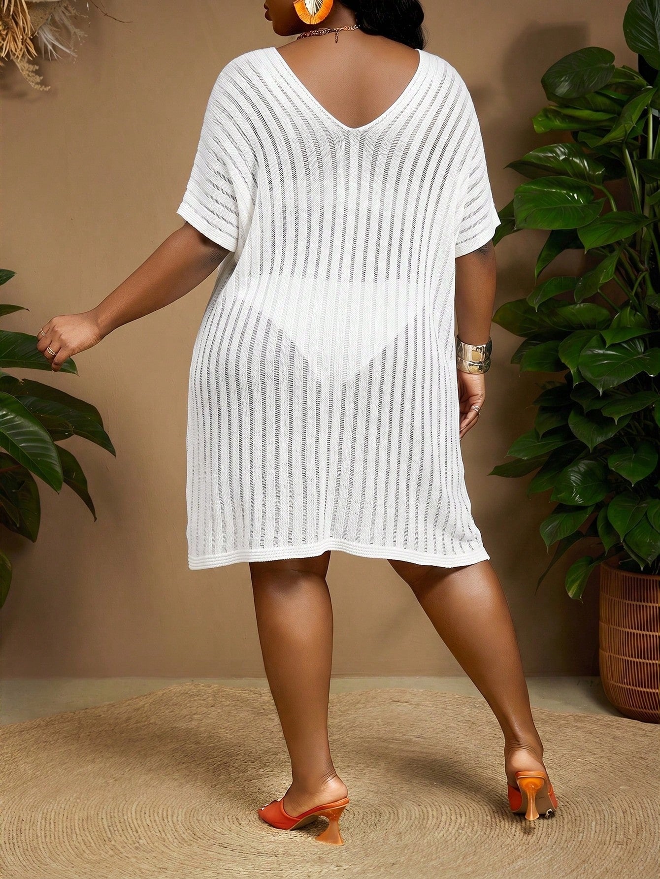 CURVE+ All White Summer Beach Plus Size Cover Up Dress For Woman, Batwing Sleeve Split Thigh Holiday Vacation Outfits, Curve Plus Party Graduation Sexy