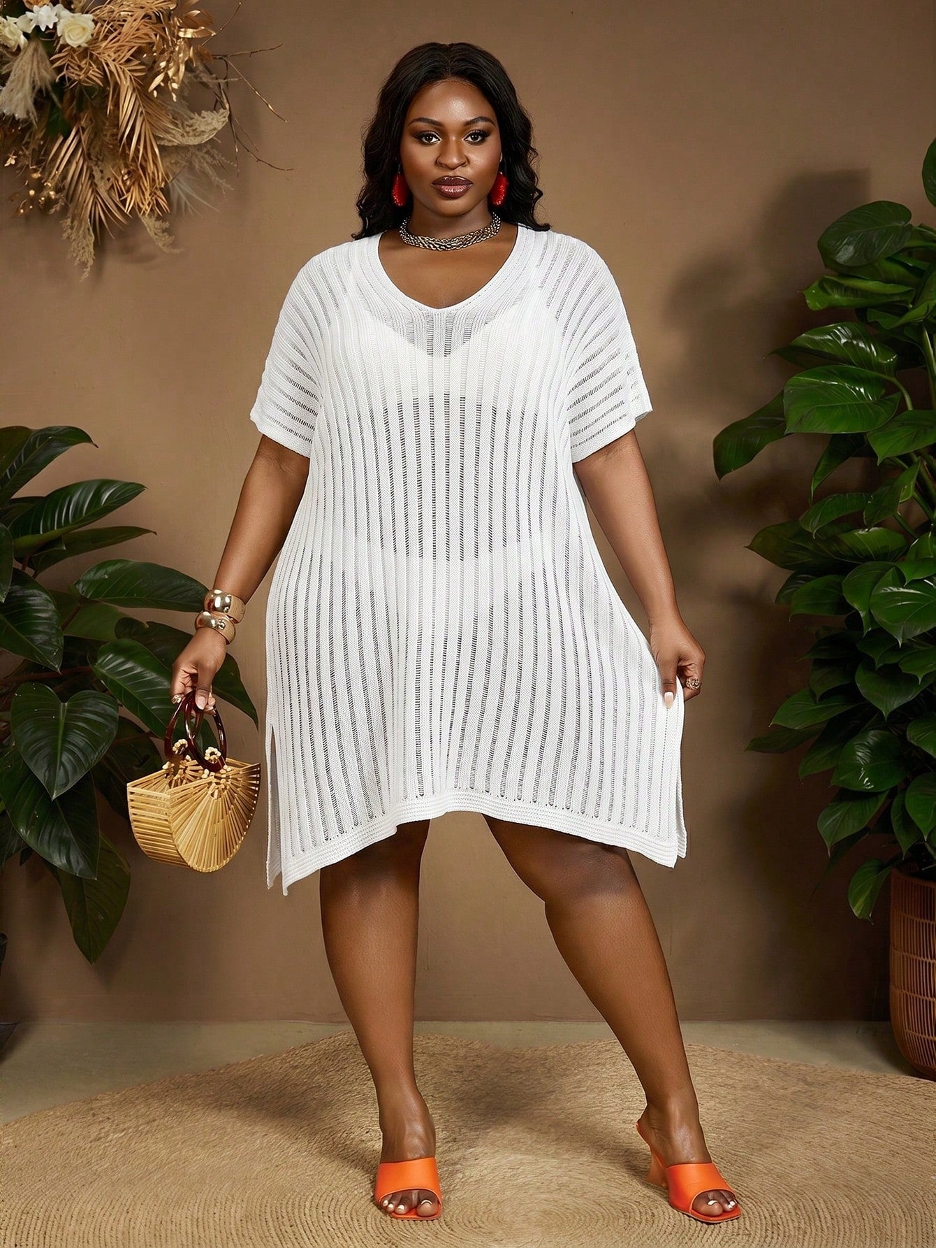 CURVE+ All White Summer Beach Plus Size Cover Up Dress For Woman, Batwing Sleeve Split Thigh Holiday Vacation Outfits, Curve Plus Party Graduation Sexy