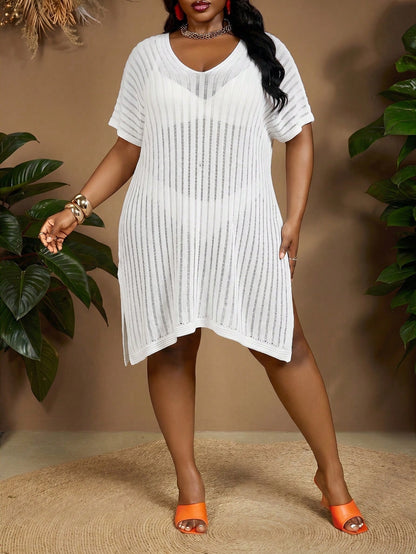 CURVE+ All White Summer Beach Plus Size Cover Up Dress For Woman, Batwing Sleeve Split Thigh Holiday Vacation Outfits, Curve Plus Party Graduation Sexy