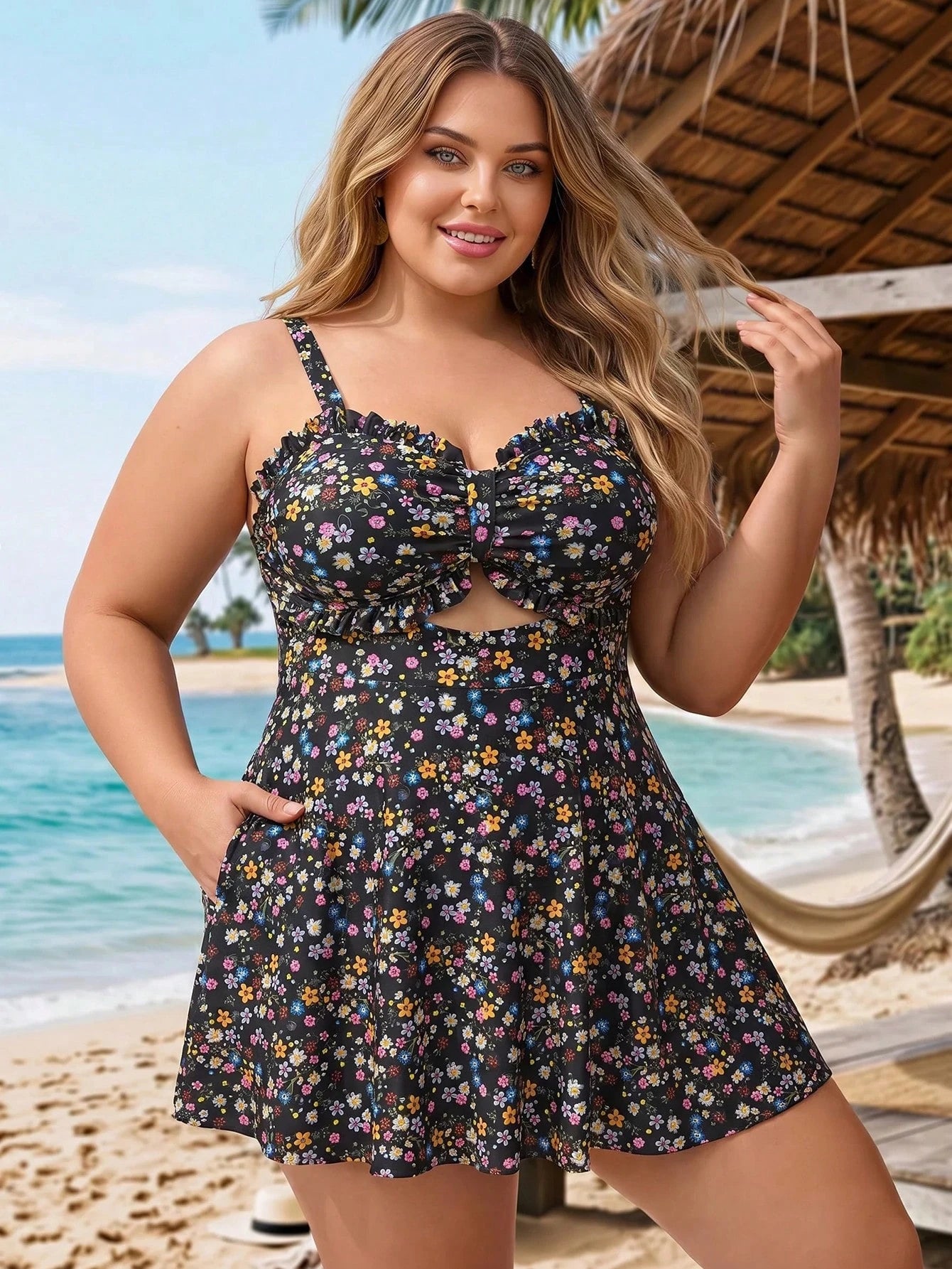 CURVE+ Plus Size Women 2pcs White Ruffle Hollow Out Cami Swimsuit Set Beach Vacation Summer