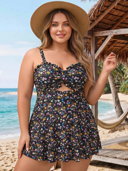 CURVE+ Plus Size Women 2pcs White Ruffle Hollow Out Cami Swimsuit Set Beach Vacation Summer