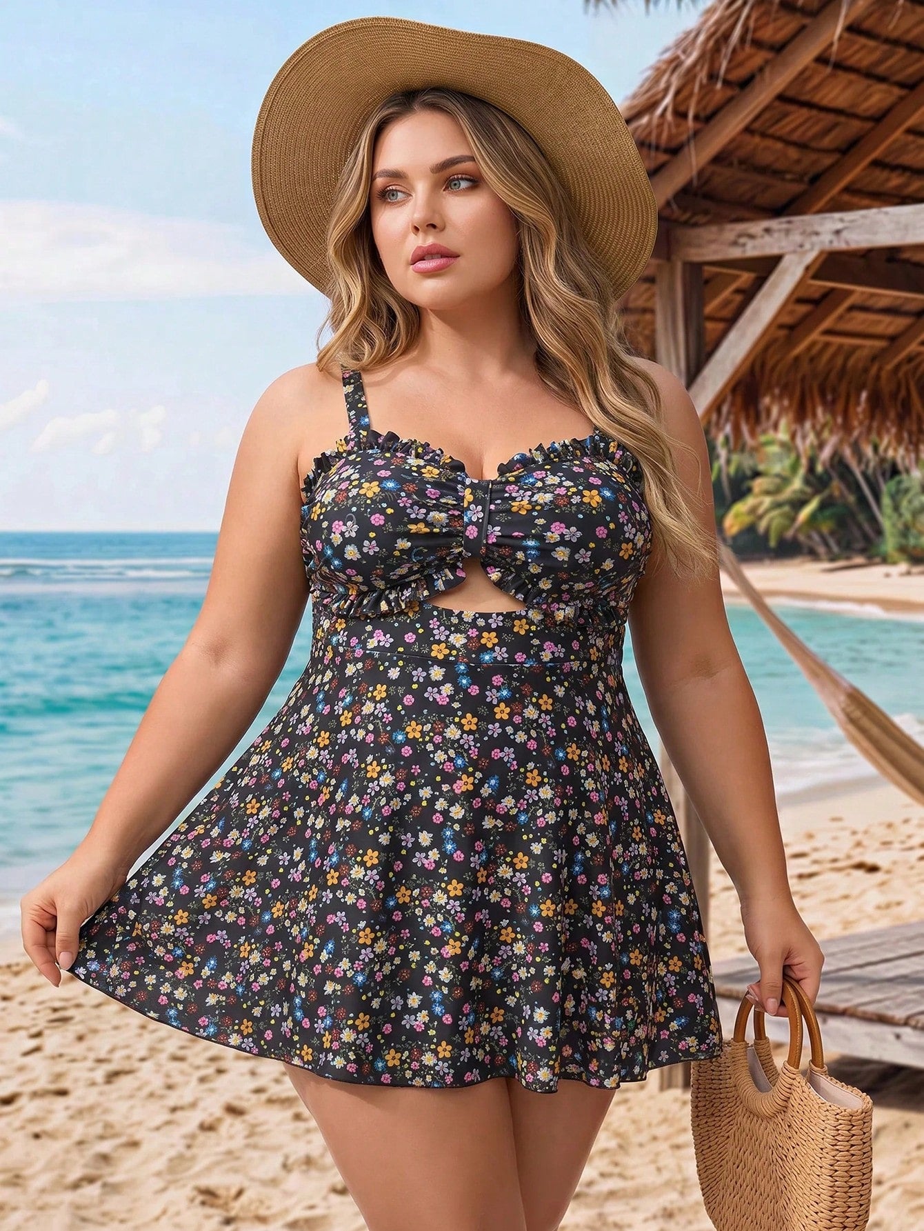CURVE+ Plus Size Women 2pcs White Ruffle Hollow Out Cami Swimsuit Set Beach Vacation Summer