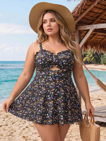 CURVE+ Plus Size Women 2pcs White Ruffle Hollow Out Cami Swimsuit Set Beach Vacation Summer