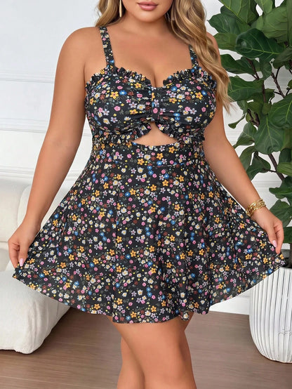 CURVE+ Plus Size Women 2pcs White Ruffle Hollow Out Cami Swimsuit Set Beach Vacation Summer