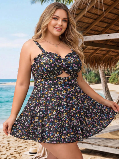 CURVE+ Plus Size Women 2pcs White Ruffle Hollow Out Cami Swimsuit Set Beach Vacation Summer