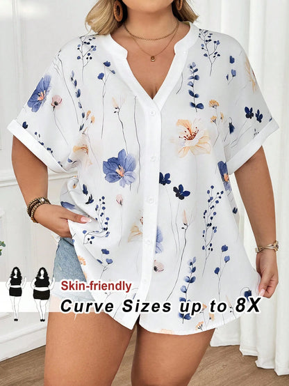CURVE+ Plus Size Women Casual Boho Loose Printed Short Sleeve Shirt Blouse, Teacher Uniform For Spring Summer Vacation White