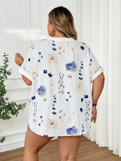 CURVE+ Plus Size Women Casual Boho Loose Printed Short Sleeve Shirt Blouse, Teacher Uniform For Spring Summer Vacation White