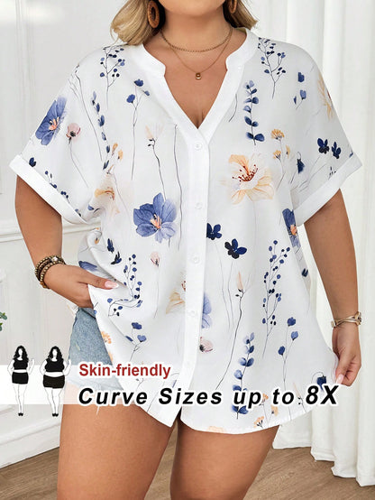 CURVE+ Plus Size Women Casual Boho Loose Printed Short Sleeve Shirt Blouse, Teacher Uniform For Spring Summer Vacation White