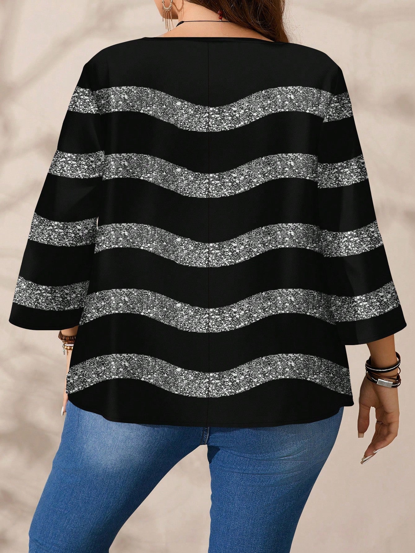 CURVE+ Plus Size Women Casual Sexy 70's Black Round Neck 3/4 Sleeve Shirt Autumn Date Night Party Fall