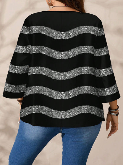 CURVE+ Plus Size Women Casual Sexy 70's Black Round Neck 3/4 Sleeve Shirt Autumn Date Night Party Fall