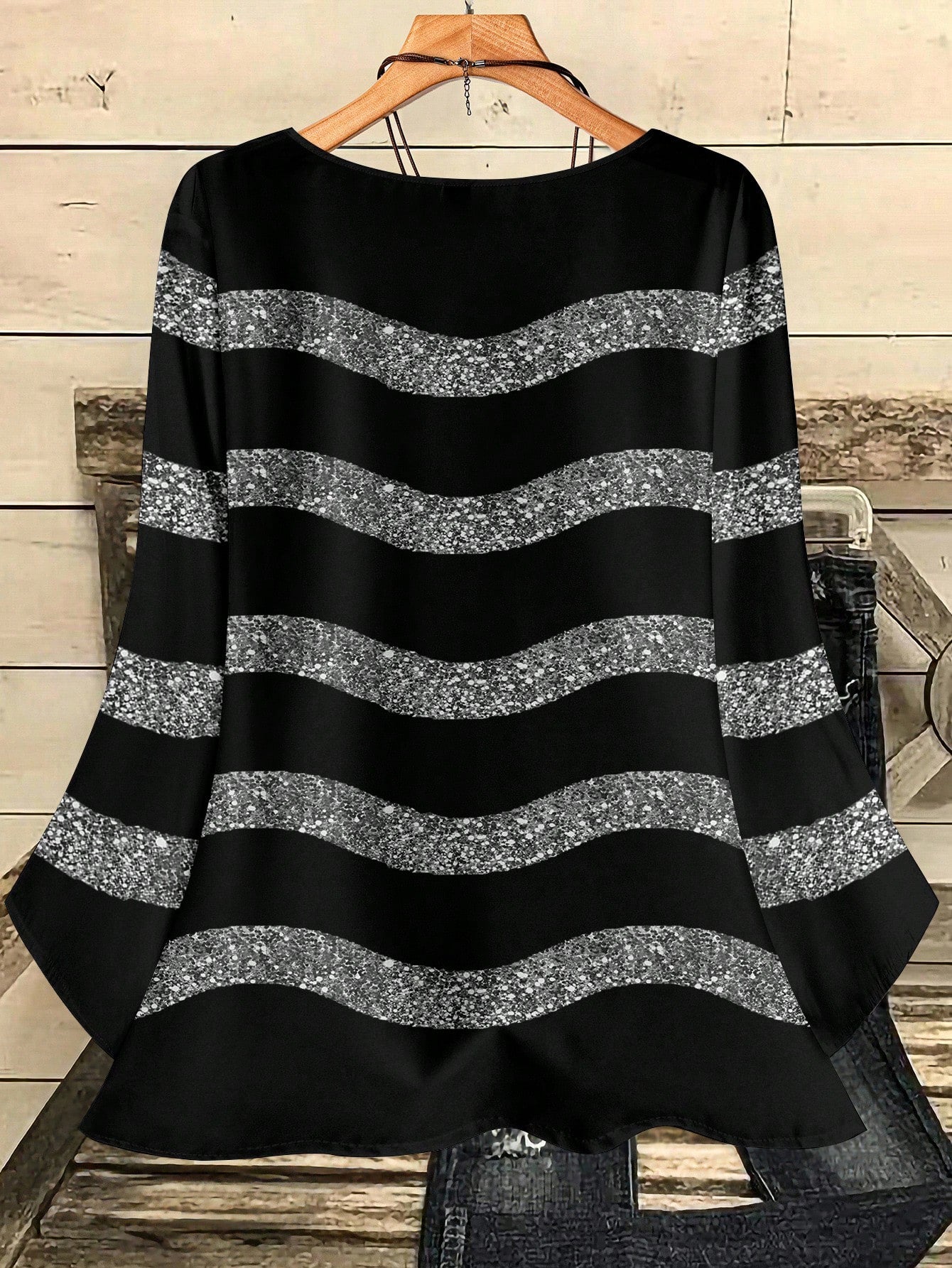 CURVE+ Plus Size Women Casual Sexy 70's Black Round Neck 3/4 Sleeve Shirt Autumn Date Night Party Fall