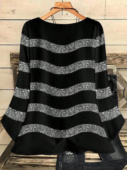 CURVE+ Plus Size Women Casual Sexy 70's Black Round Neck 3/4 Sleeve Shirt Autumn Date Night Party Fall