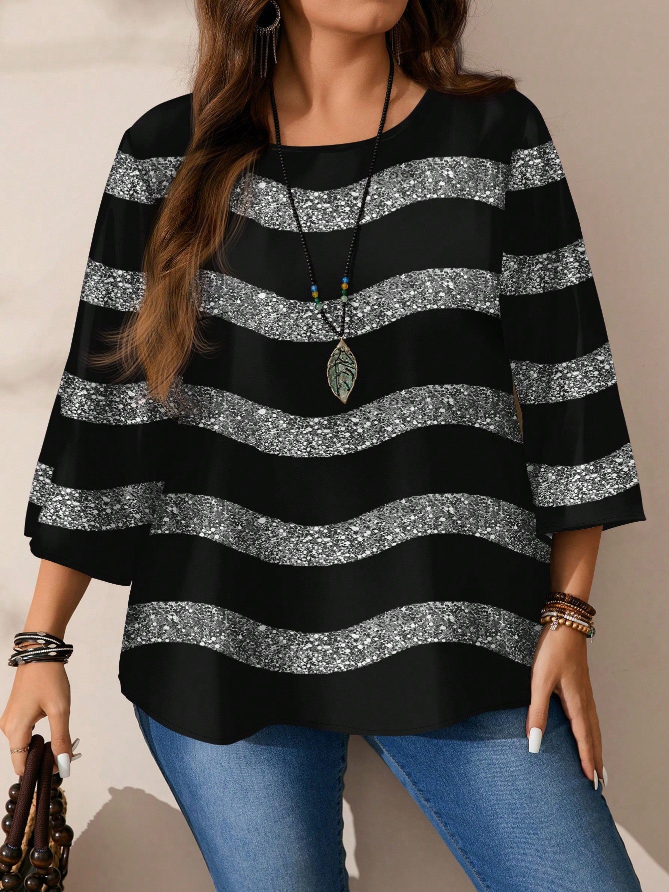 CURVE+ Plus Size Women Casual Sexy 70's Black Round Neck 3/4 Sleeve Shirt Autumn Date Night Party Fall