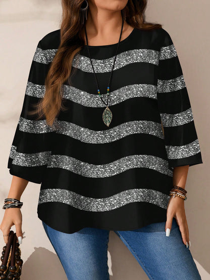 CURVE+ Plus Size Women Casual Sexy 70's Black Round Neck 3/4 Sleeve Shirt Autumn Date Night Party Fall