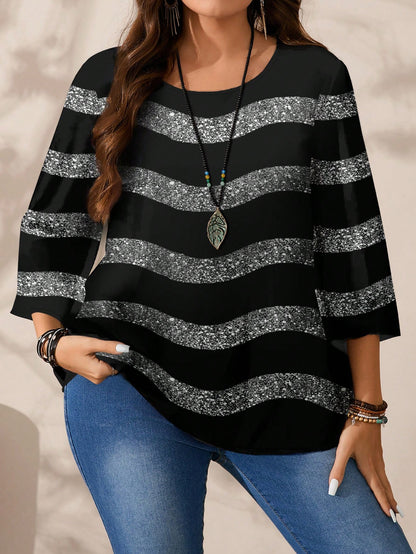 CURVE+ Plus Size Women Casual Sexy 70's Black Round Neck 3/4 Sleeve Shirt Autumn Date Night Party Fall