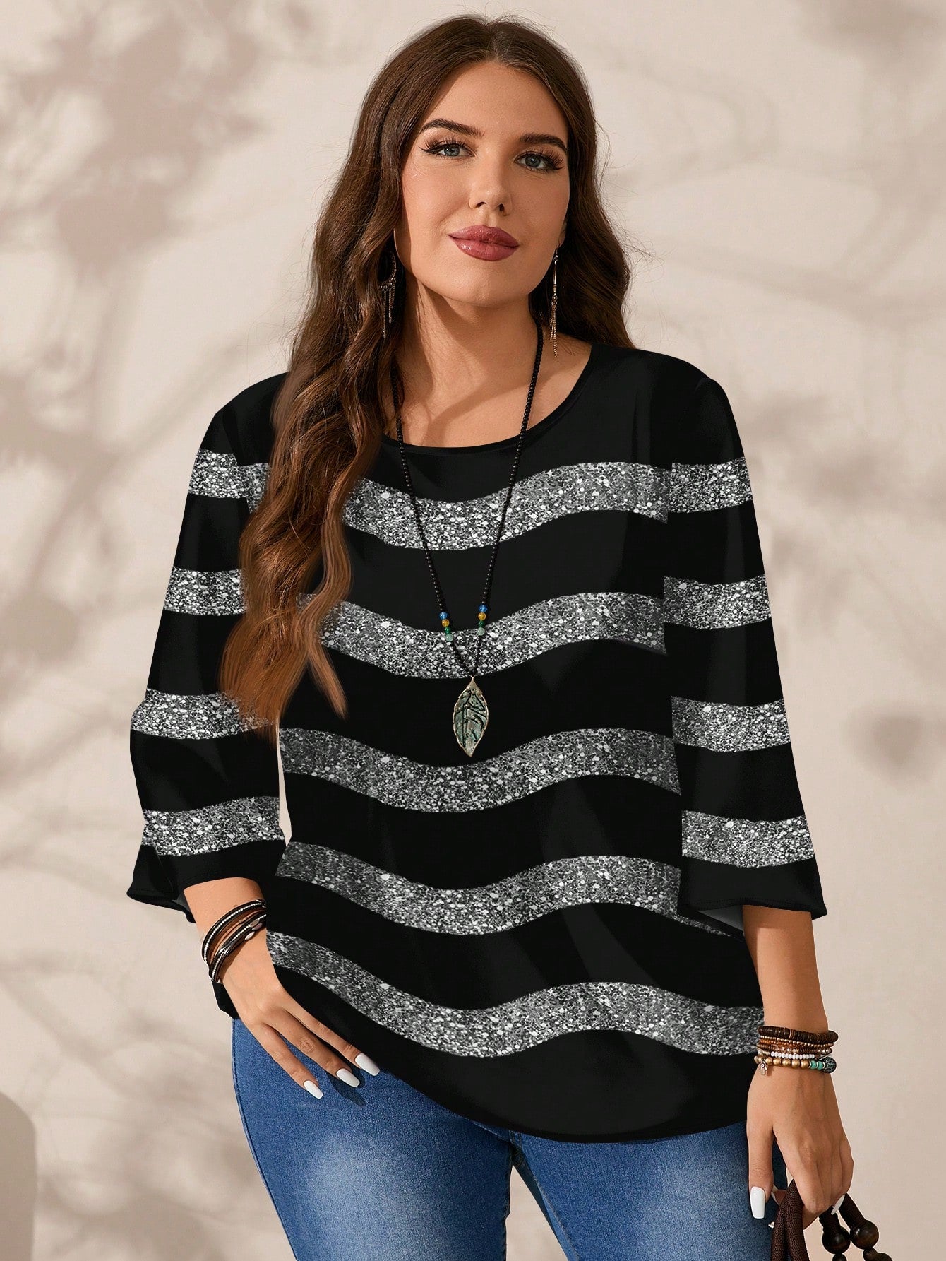 CURVE+ Plus Size Women Casual Sexy 70's Black Round Neck 3/4 Sleeve Shirt Autumn Date Night Party Fall