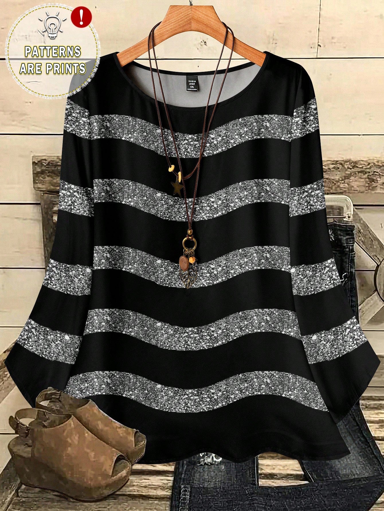 CURVE+ Plus Size Women Casual Sexy 70's Black Round Neck 3/4 Sleeve Shirt Autumn Date Night Party Fall