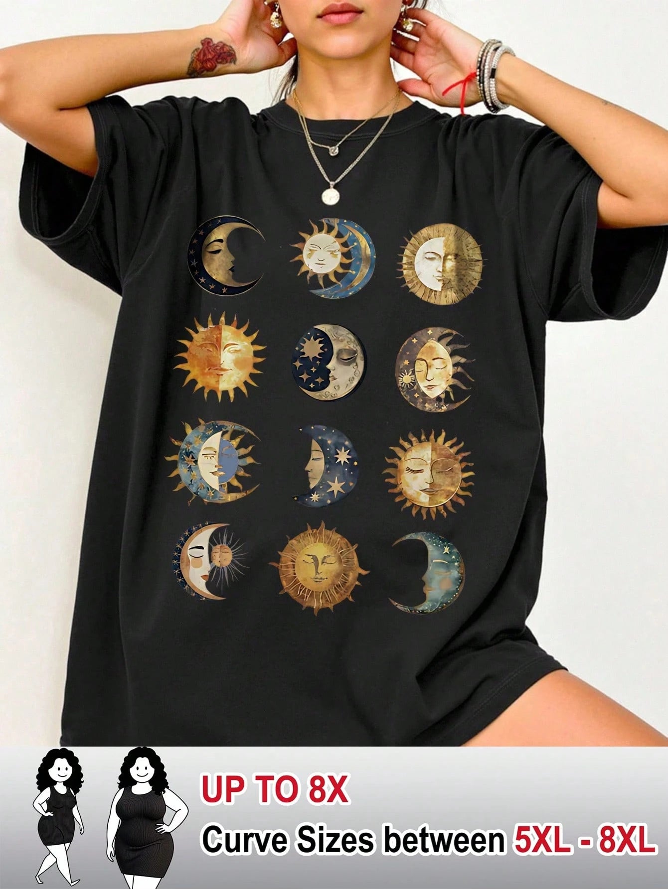 CURVE+ Plus Size Women Casual Star, Moon And Sun Print Loose Fit Mid-Length Short Sleeve Round Neck T-Shirt
